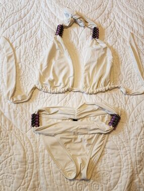 Despi Purple Beaded White Halter Bikini